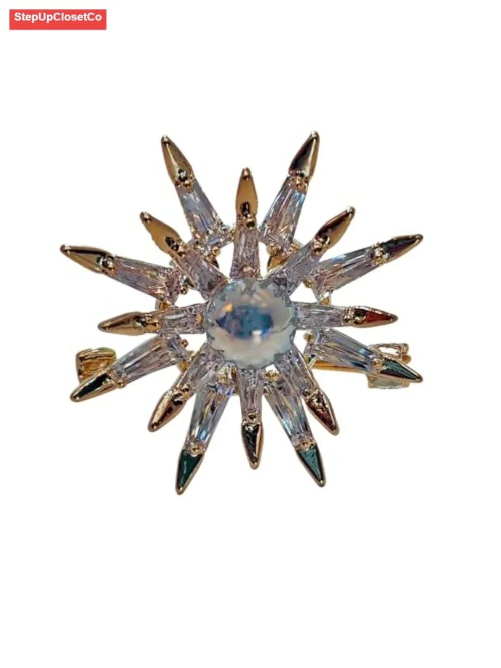 Sparkling Starburst Brooch Pin Double Layer Pearl CZ Gold Plated Punk Style 1